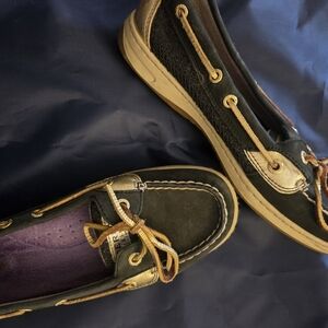 Sperry Navy Blue and Gold Leather Moccasin Flats